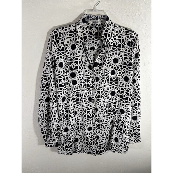 Escada Black & White Elegant Romantic Geo Print XS Women’s Button, Tie Blouse - Picture 3 of 12